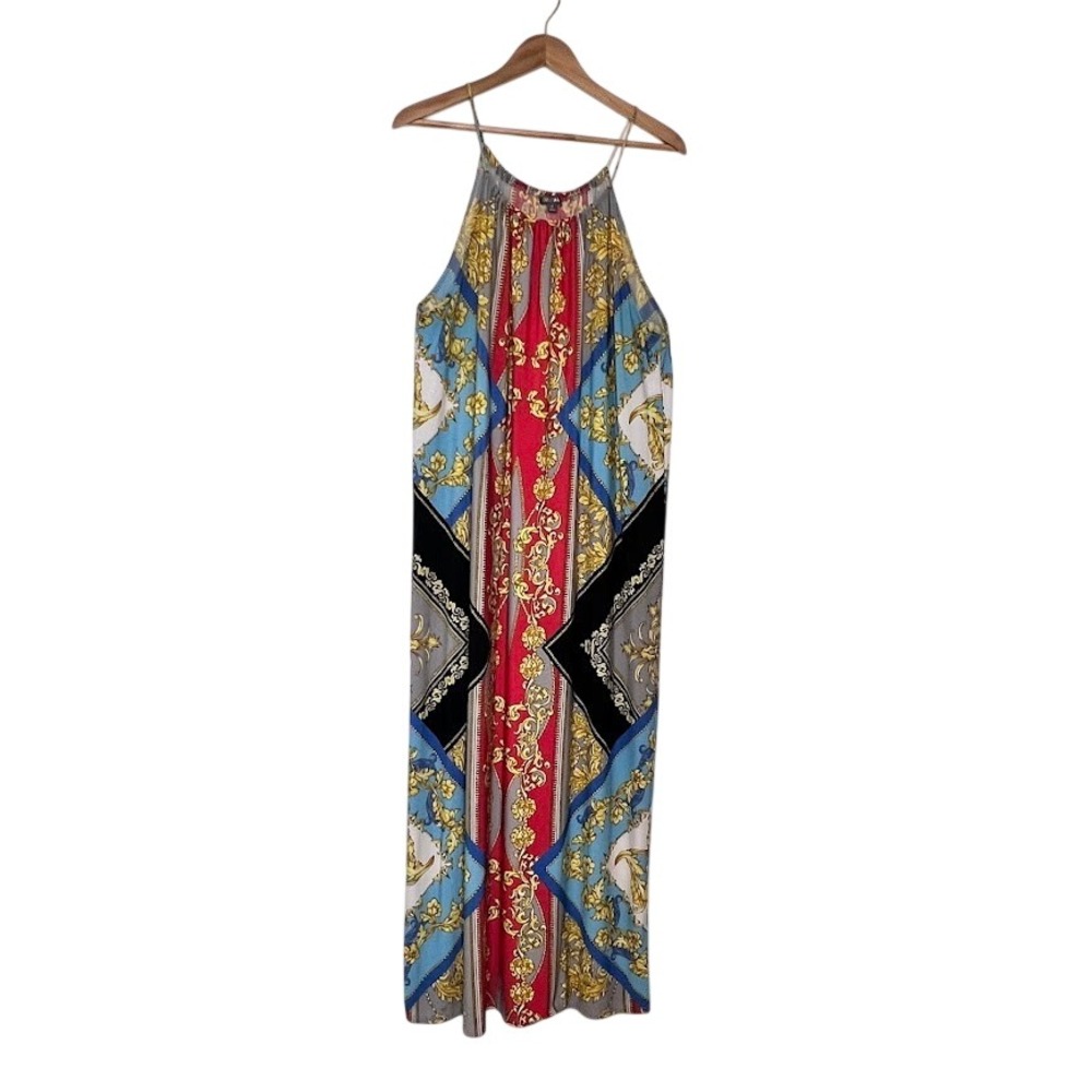 Womens Baroque Chain Print Halter Maxi‎ Dress Red Blue Gold Size 14 Roz & Ali